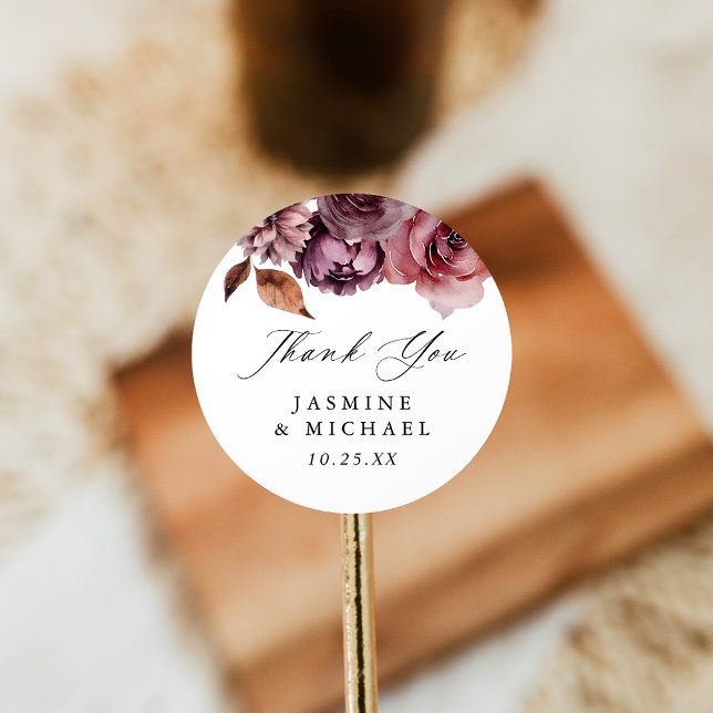 Rustic Autumn Marsala Floral Wedding Thank You Classic Round Sticker (Creator Uploaded)