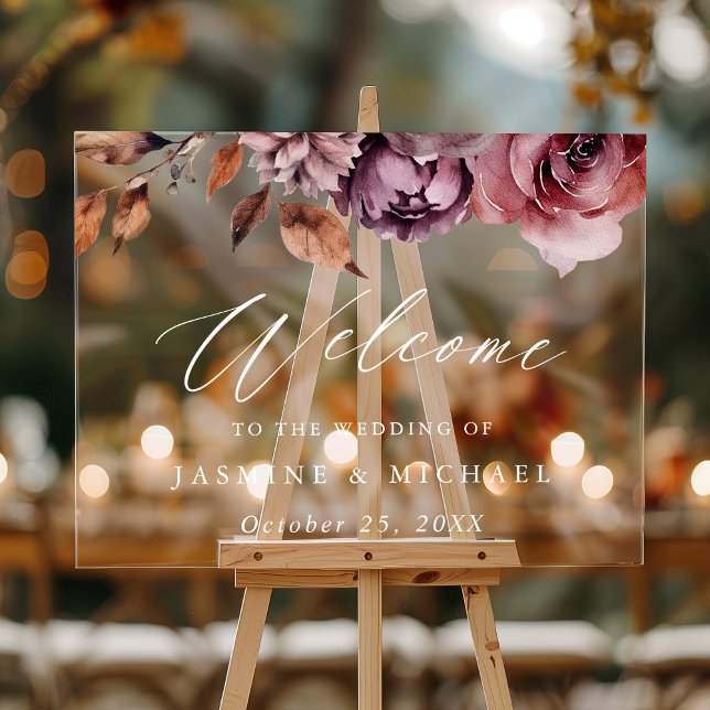 Rustic Autumn Marsala Floral Wedding Welcome Acrylic Sign (Creator Uploaded)