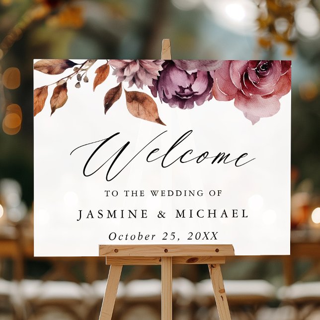 Rustic Autumn Marsala Floral Wedding Welcome Acrylic Sign (Creator Uploaded)