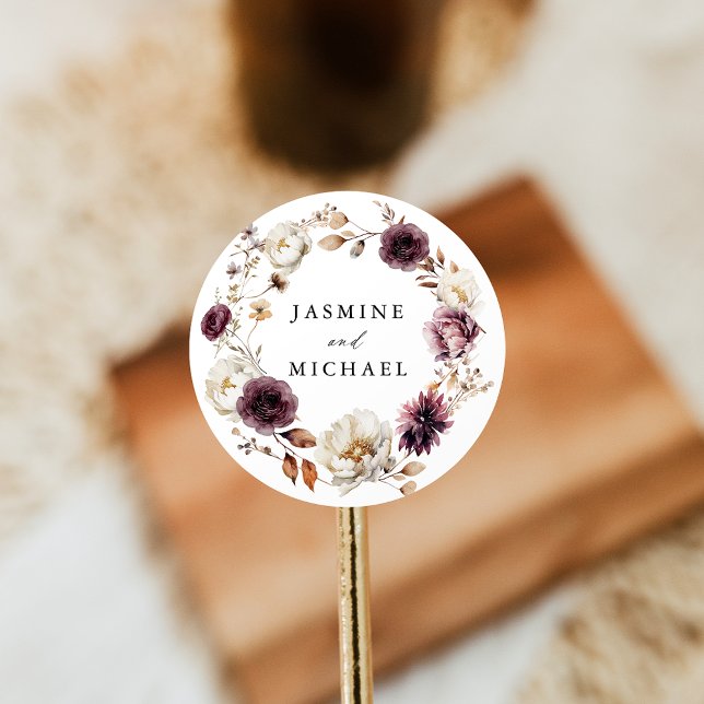 Rustic Autumn Marsala Floral Wreath Wedding Classic Round Sticker (Creator Uploaded)