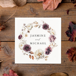Rustic Autumn Marsala Floral Wreath Wedding Napkin