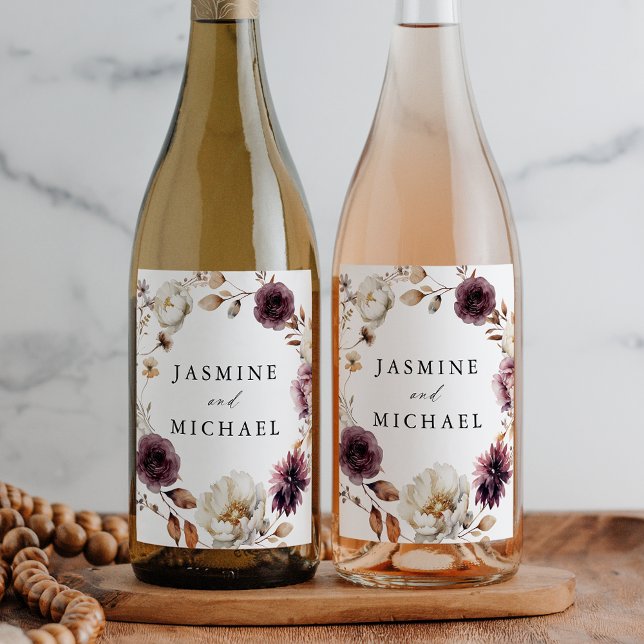 Rustic Autumn Marsala Floral Wreath Wedding Wine Label (Creator Uploaded)