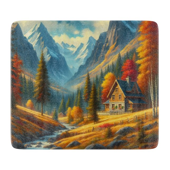 Rustic, Autumn mountain cottage & river Cutting Board (Front)
