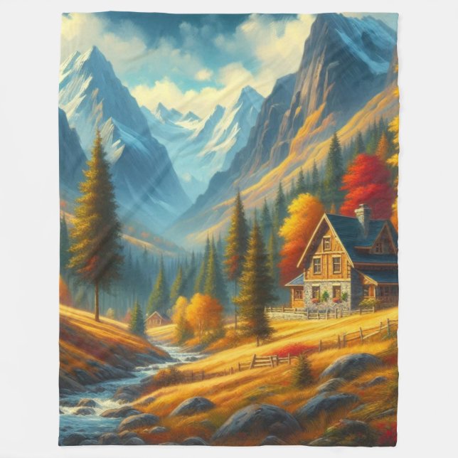Rustic, Autumn mountain cottage & river Fleece Blanket (Front)