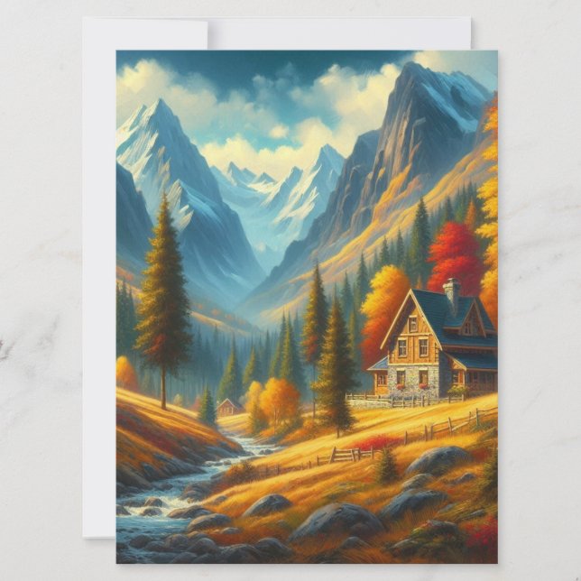 Rustic, Autumn mountain cottage & river Holiday Card (Front)