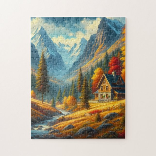 Rustic, Autumn mountain cottage & river Jigsaw Puzzle (Vertical)