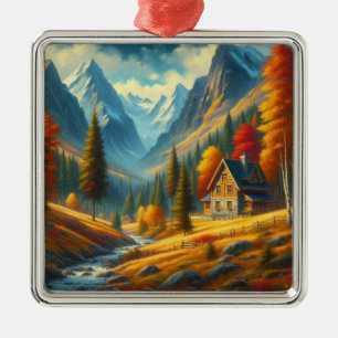 Rustic, Autumn mountain cottage & river Metal Tree Decoration