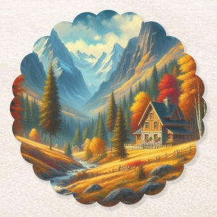 Rustic, Autumn mountain cottage & river Paper Coaster
