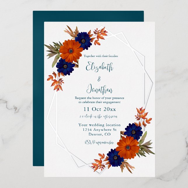 Rustic Autumn Orange Navy Blue Floral Engagement (Front/Back)