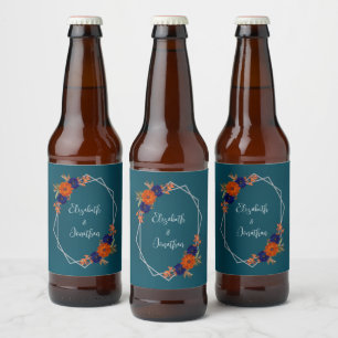 Rustic Autumn Orange Navy Blue Floral Wedding Beer Bottle Label