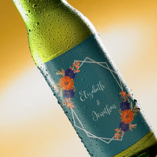 Rustic Autumn Orange Navy Blue Floral Wedding Beer Bottle Label