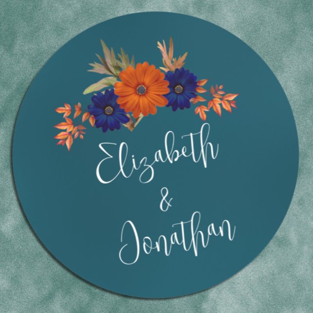 Rustic Autumn Orange Navy Blue Floral Wedding Classic Round Sticker (Creator Uploaded)