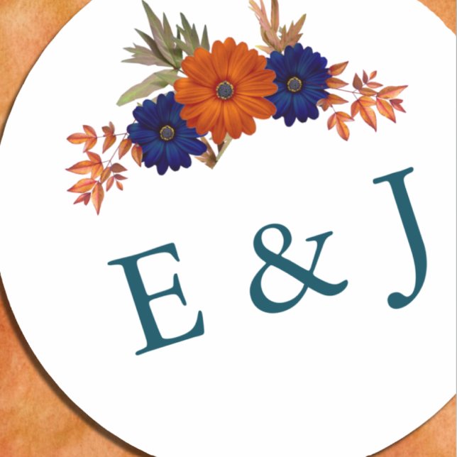 Rustic Autumn Orange Navy Blue Floral Wedding Classic Round Sticker (Creator Uploaded)