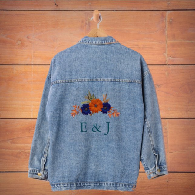 Rustic Autumn Orange Navy Blue Floral Wedding Denim Jacket (Creator Uploaded)
