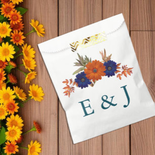 Rustic Autumn Orange Navy Blue Floral Wedding Favour Bags