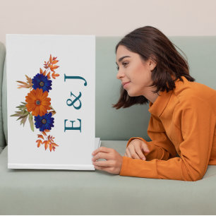 Rustic Autumn Orange Navy Blue Floral Wedding Guest Book