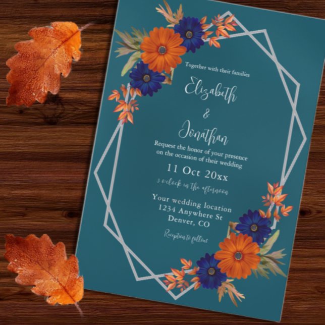 Rustic Autumn Orange Navy Blue Floral Wedding Invitation (Creator Uploaded)