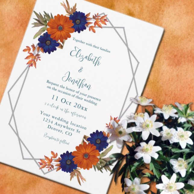Rustic Autumn Orange Navy Blue Floral Wedding Invitation (Creator Uploaded)