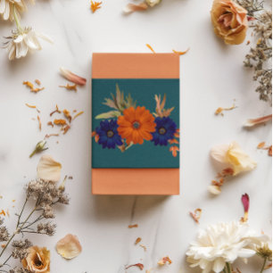 Rustic Autumn Orange Navy Blue Floral Wedding Invitation Belly Band