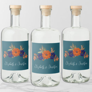 Rustic Autumn Orange Navy Blue Floral Wedding Liquor Bottle Label