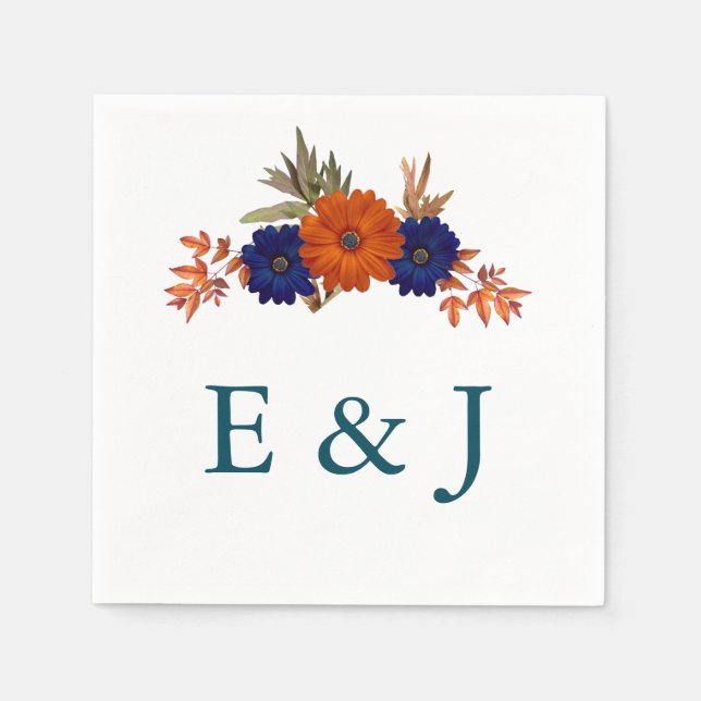 Rustic Autumn Orange Navy Blue Floral Wedding Napkin (Front)