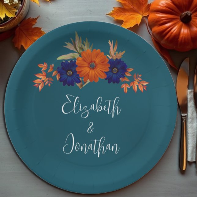 Rustic Autumn Orange Navy Blue Floral Wedding Paper Plate (Creator Uploaded)