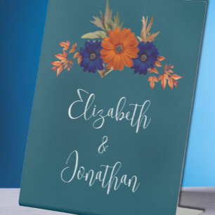 Rustic Autumn Orange Navy Blue Floral Wedding Pedestal Sign