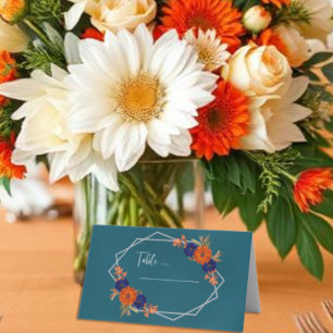 Rustic Autumn Orange Navy Blue Floral Wedding Place Card