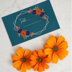 Rustic Autumn Orange Navy Blue Floral Wedding Place Card