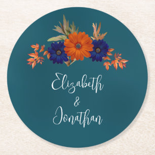 Rustic Autumn Orange Navy Blue Floral Wedding Round Paper Coaster