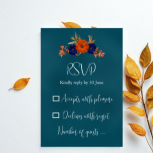 Rustic Autumn Orange Navy Blue Floral Wedding RSVP Card