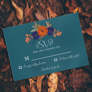 Rustic Autumn Orange Navy Blue Floral Wedding RSVP Card