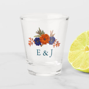 Rustic Autumn Orange Navy Blue Floral Wedding Shot Glass