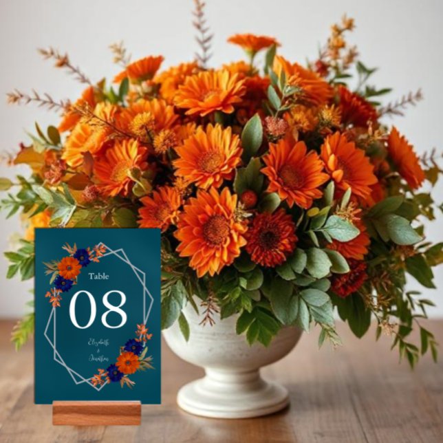 Rustic Autumn Orange Navy Blue Floral Wedding Table Number (Creator Uploaded)