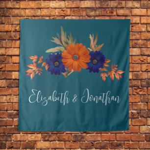 Rustic Autumn Orange Navy Blue Floral Wedding Tapestry