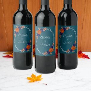 Rustic Autumn Orange Navy Blue Floral Wedding Wine Label