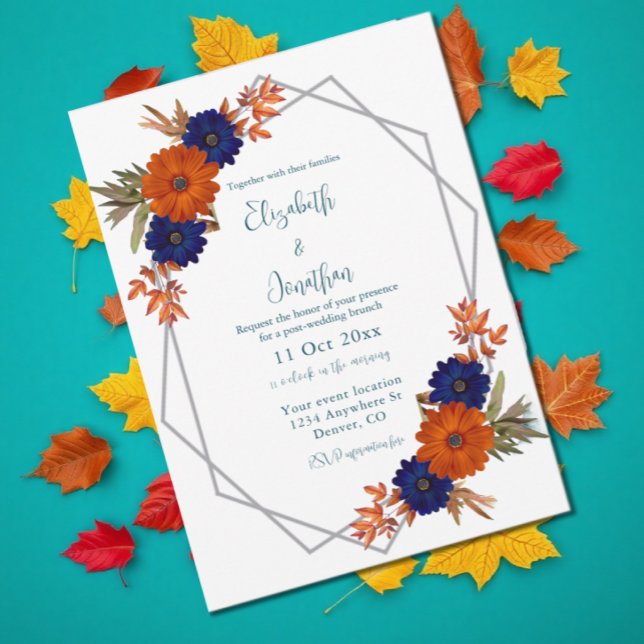 Rustic Autumn Orange Navy Blue Post-Wedding Brunch Invitation (Creator Uploaded)