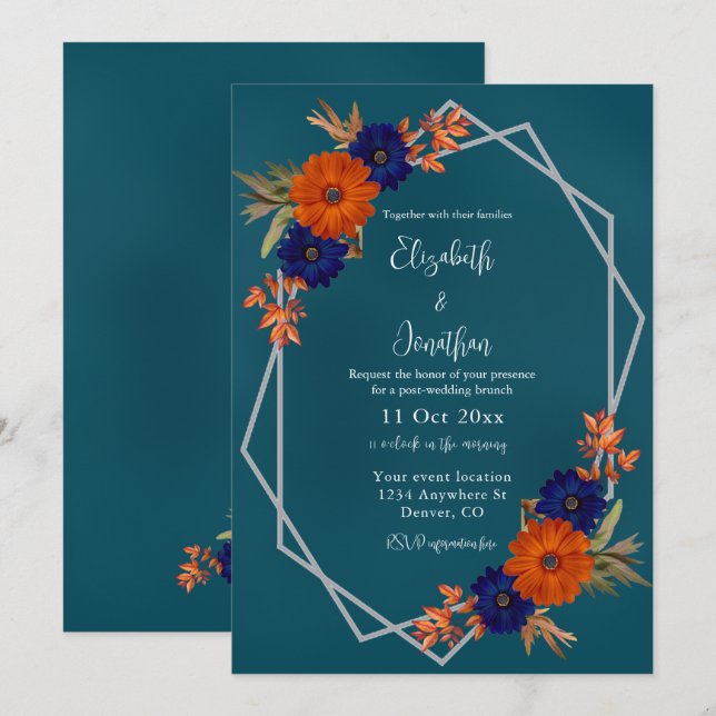Rustic Autumn Orange Navy Blue Post-Wedding Brunch Invitation (Front/Back)