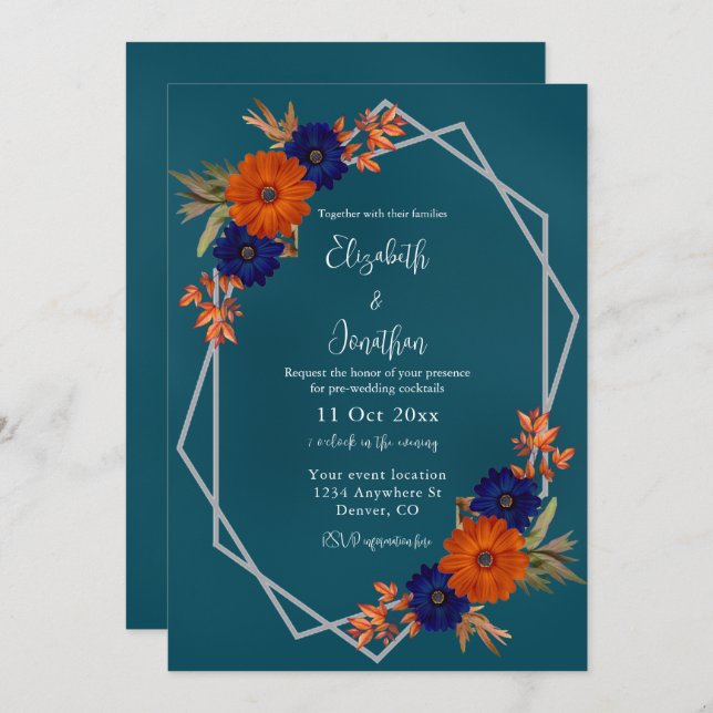 Rustic Autumn Orange Navy Blue Wedding Cocktails Invitation (Front/Back)