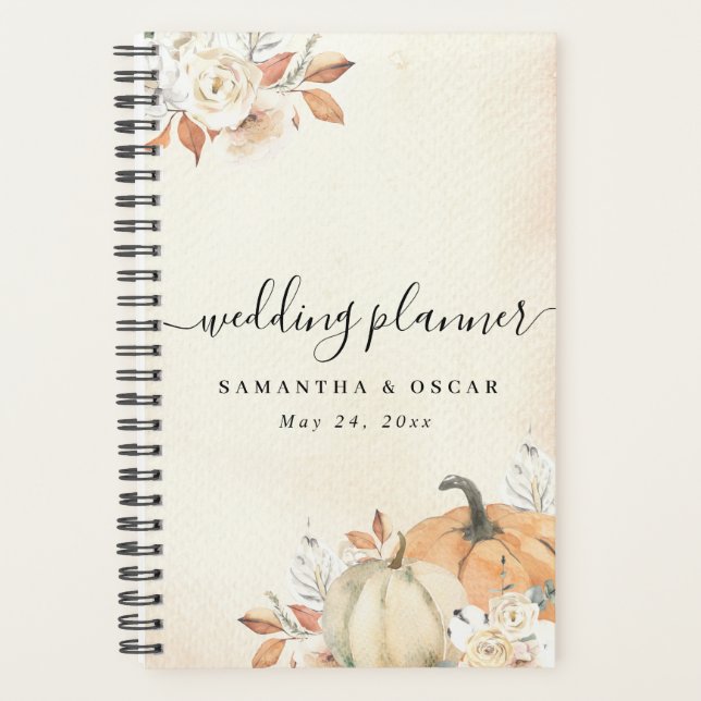 Rustic Autumn Orange Pumpkins & Flowers Planner (Front)
