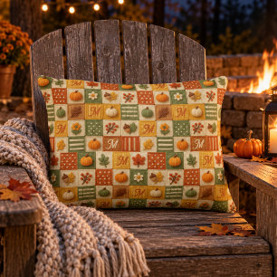 Rustic Autumn Patchwork Pumpkin Monogram Decorative Cushion