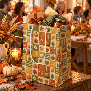 Rustic Autumn Patchwork Pumpkin Thanksgiving Medium Gift Bag