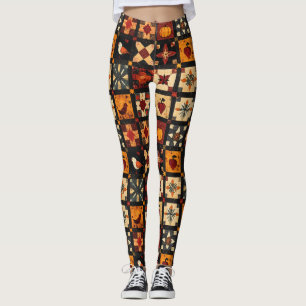 Rustic Autumn Patchwork Quilt Pattern Farmhouse Leggings