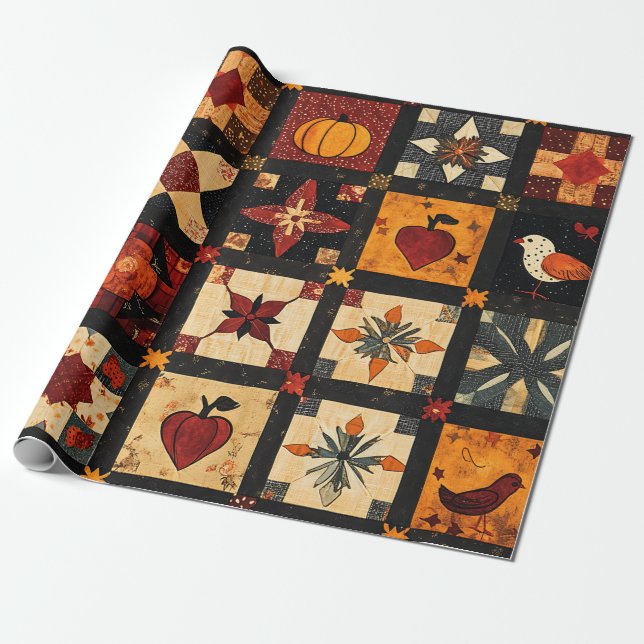 Rustic Autumn Patchwork Quilt Pattern | Farmhouse Wrapping Paper (Unrolled)