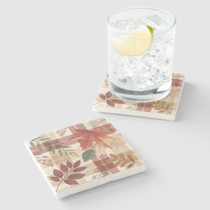 Rustic Autumn Plaid & Leaves Stone Coaster