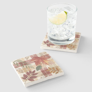 Rustic Autumn Plaid & Leaves | Stone Coaster