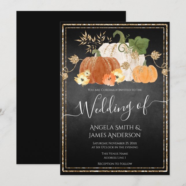 Rustic Autumn Pumpkin Glitter Wedding Invitation (Front/Back)