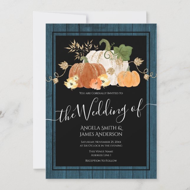 Rustic Autumn Pumpkin Glitter Wedding Invitation (Front)