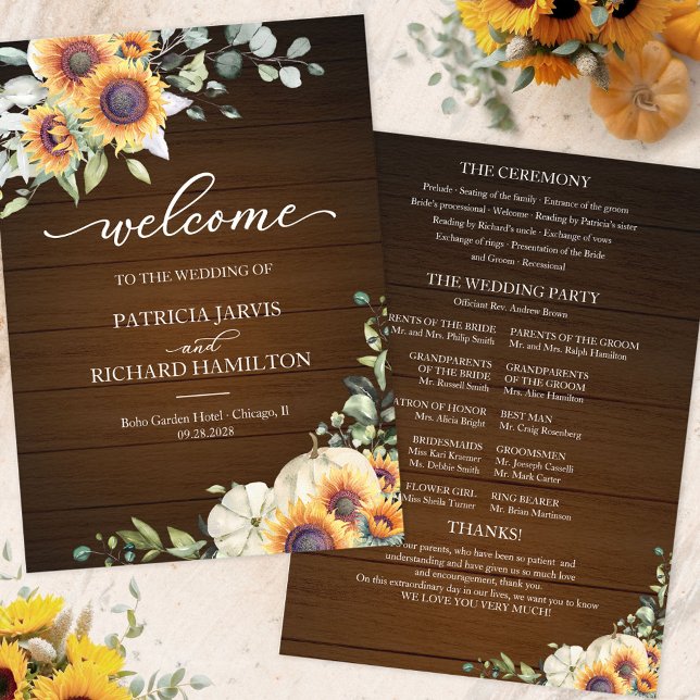 Rustic Autumn Pumpkin Sunflower Wedding Program Invitation (Creator Uploaded)