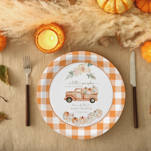 Rustic Autumn Pumpkin Truck Plaid Baby Shower Paper Plate (Creator Uploaded)
